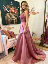 Pink Satin Lace Straps Prom Dress