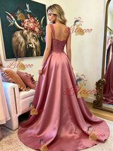 Pink Satin Lace Straps Prom Dress