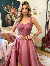 Pink Satin Lace Straps Prom Dress