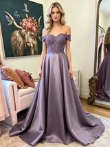Purple Satin Lace Off the Shoulder Prom Dress