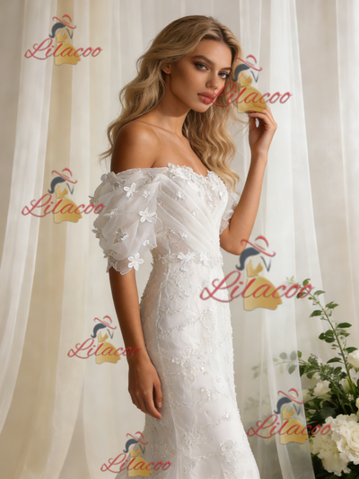 White Mermaid Lace Puff Sleeve Flower Wedding Dress