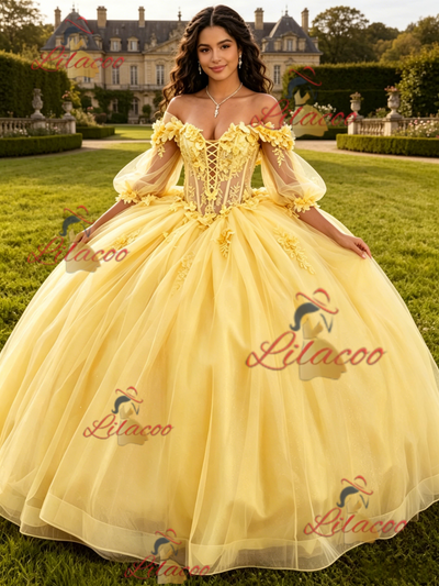 Yellow Tulle Long Sleeve Flower Quinceanera Dress