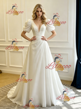 White V-neck Puff Sleeve Pleats Wedding Dress
