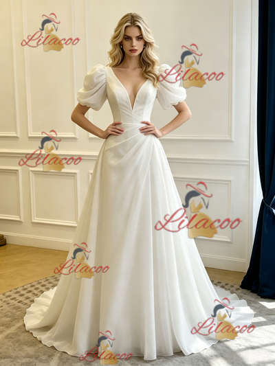 White V-neck Puff Sleeve Pleats Wedding Dress
