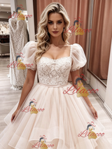 Champagne Tulle Puff Sleeve Lace Wedding Dress