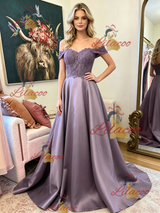Purple Satin Lace Off the Shoulder Prom Dress