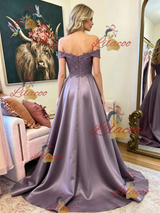 Purple Satin Lace Off the Shoulder Prom Dress