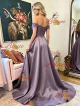 Purple Satin Lace Off the Shoulder Prom Dress