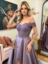 Purple Satin Lace Off the Shoulder Prom Dress