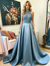 Blue Satin Lace Sleeveless Prom Dress