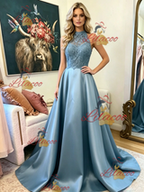Blue Satin Lace Sleeveless Prom Dress