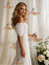 White Mermaid Lace Puff Sleeve Flower Wedding Dress