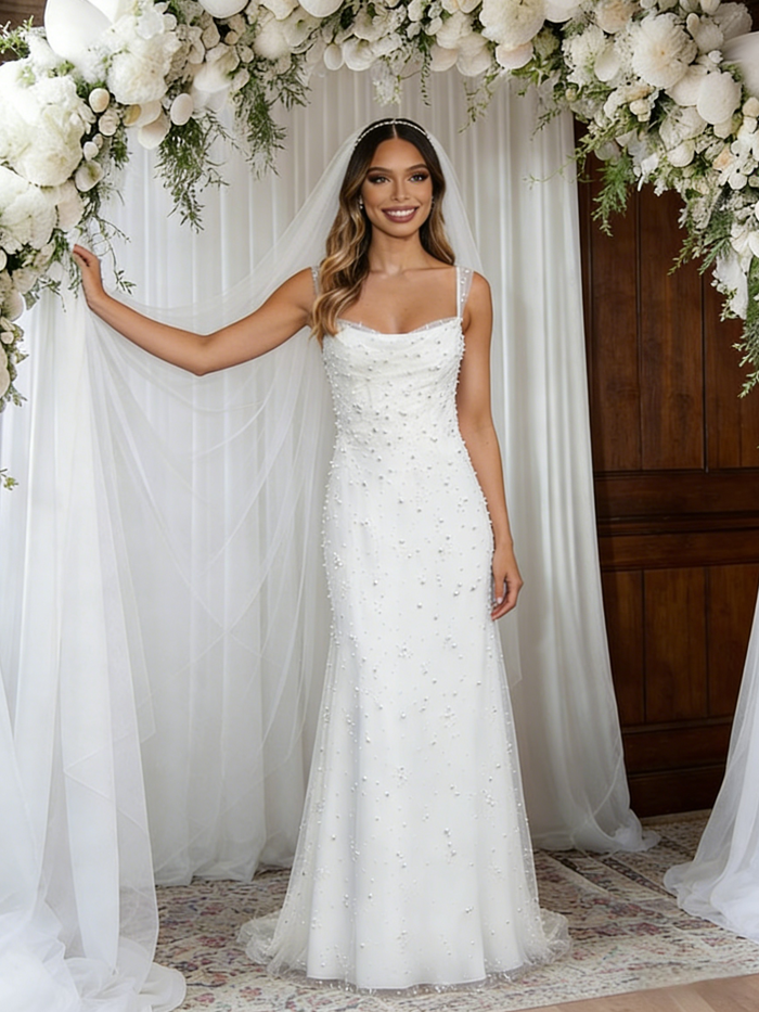 White Straps Pearls Wedding Dress