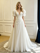 White V-neck Puff Sleeve Pleats Wedding Dress