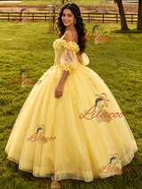 Yellow Tulle Long Sleeve Flower Quinceanera Dress