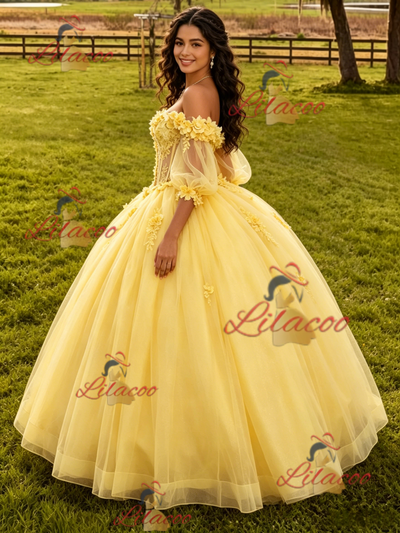 Yellow Tulle Long Sleeve Flower Quinceanera Dress