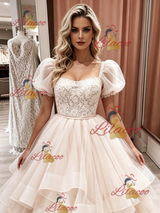 Champagne Tulle Puff Sleeve Lace Wedding Dress
