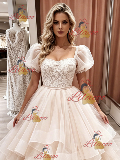 Champagne Tulle Puff Sleeve Lace Wedding Dress
