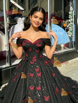 Black Tulle Appliques Quinceanera Dress