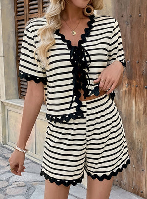 Casual Striped Lace Stitching Two-piece Suit