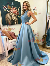 Blue Satin Lace Sleeveless Prom Dress
