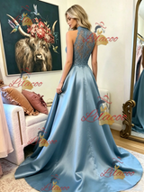 Blue Satin Lace Sleeveless Prom Dress
