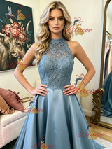 Blue Satin Lace Sleeveless Prom Dress