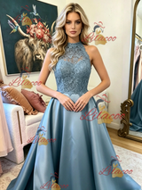 Blue Satin Lace Sleeveless Prom Dress