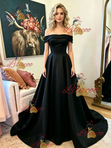 Black Satin Off the Shoulder Prom Dress