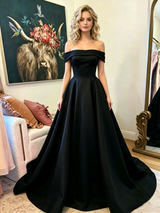 Black Satin Off the Shoulder Prom Dress