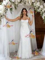 White Straps Pearls Wedding Dress