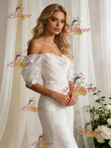 White Mermaid Lace Puff Sleeve Flower Wedding Dress