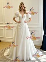 White V-neck Puff Sleeve Pleats Wedding Dress