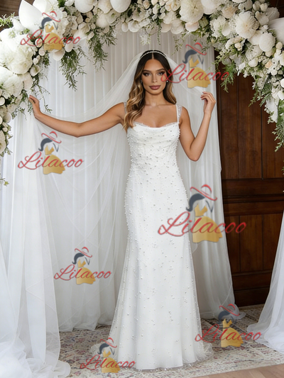 White Straps Pearls Wedding Dress