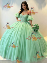 Green Tulle Puff Sleeve Beading Quinceanera Dress
