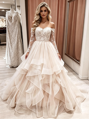 Champagne Tulle Long Sleeve Lace Wedding Dress