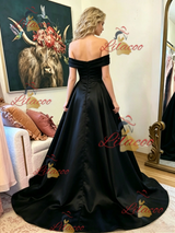 Black Satin Off the Shoulder Prom Dress