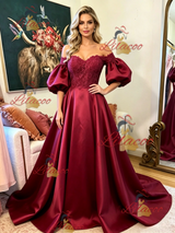 Burgundy Satin Lace Puff Sleeve Prom Dress