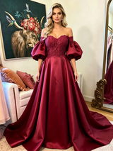 Burgundy Satin Lace Puff Sleeve Prom Dress