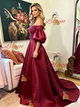 Burgundy Satin Lace Puff Sleeve Prom Dress