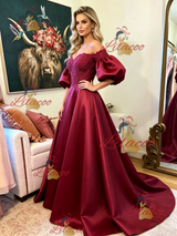 Burgundy Satin Lace Puff Sleeve Prom Dress