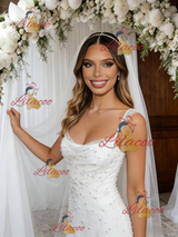 White Straps Pearls Wedding Dress
