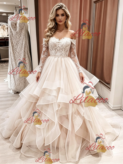 Champagne Tulle Long Sleeve Lace Wedding Dress
