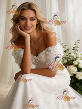 White Mermaid Lace Puff Sleeve Flower Wedding Dress