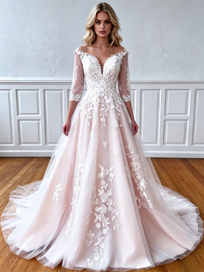 Tulle Appliques Long Sleeve Wedding Dress