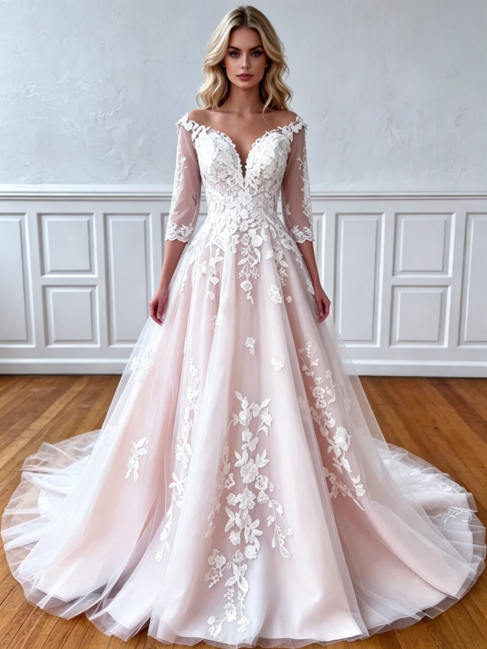 Tulle Appliques Long Sleeve Wedding Dress