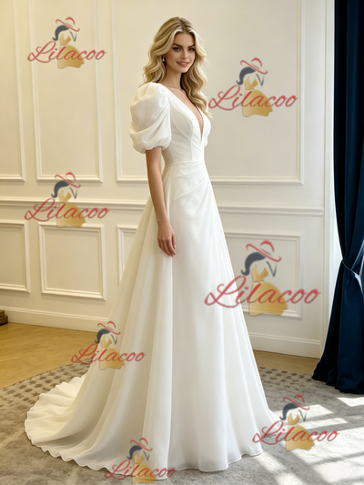White V-neck Puff Sleeve Pleats Wedding Dress