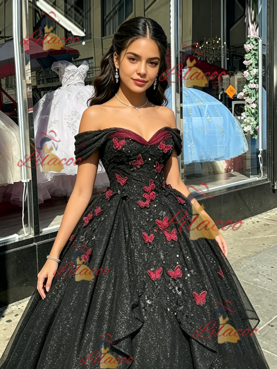 Black Tulle Appliques Quinceanera Dress