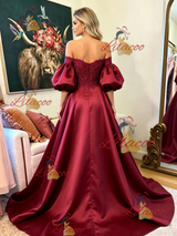 Burgundy Satin Lace Puff Sleeve Prom Dress