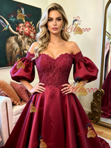 Burgundy Satin Lace Puff Sleeve Prom Dress